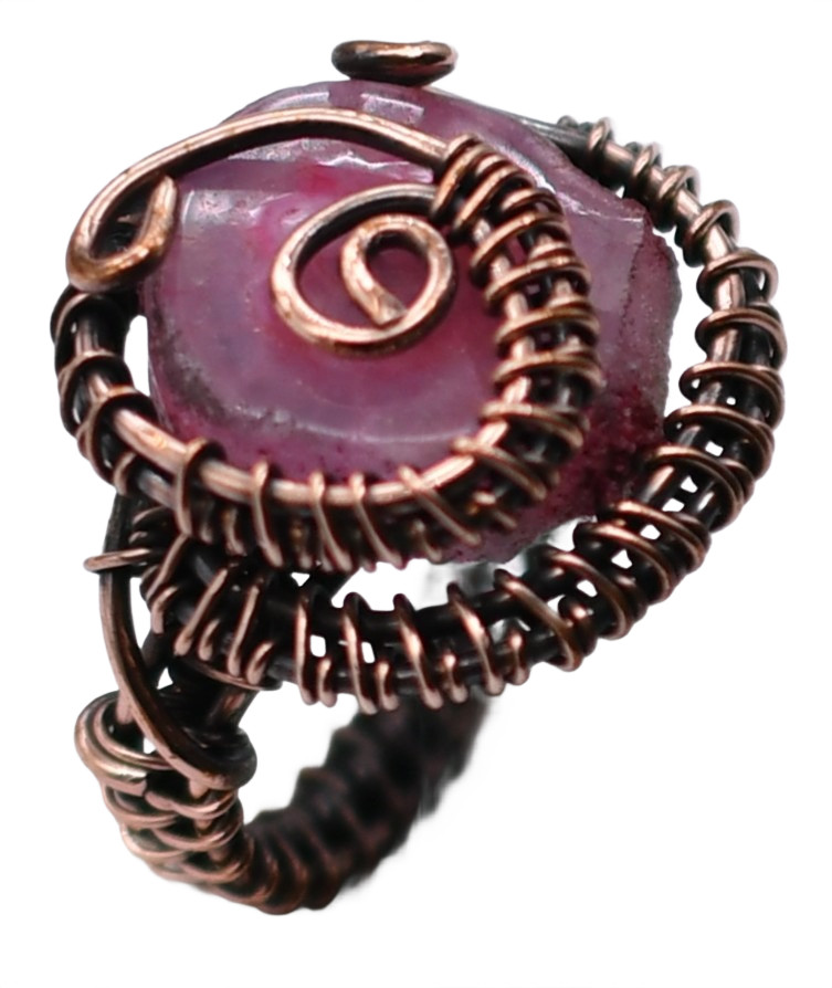 Pink Jade Natural Gemstone Copper Wire-Wrapped Ring US Size-8.75 A281