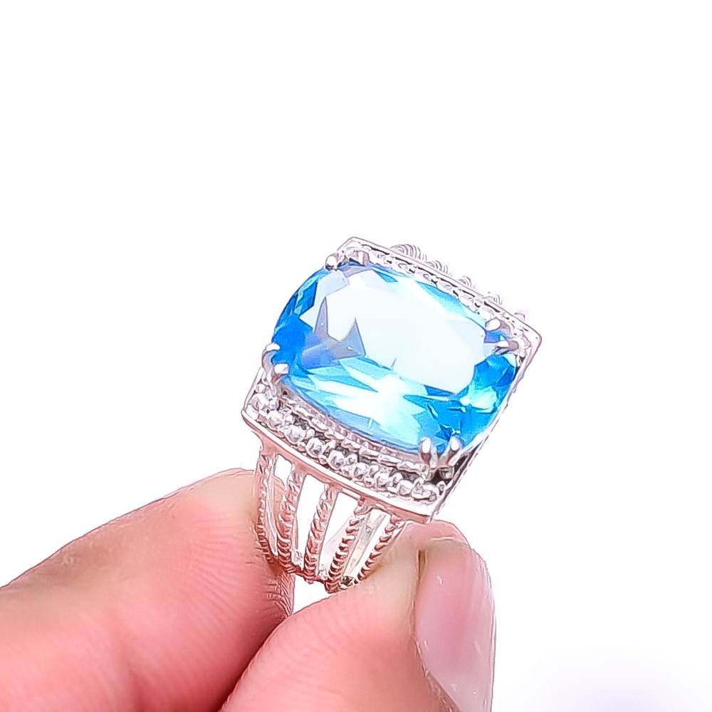 Blue Topaz 925 Sterling Silver Handmade Ring S.7.5 R_8039_300_19, Christmas Gift