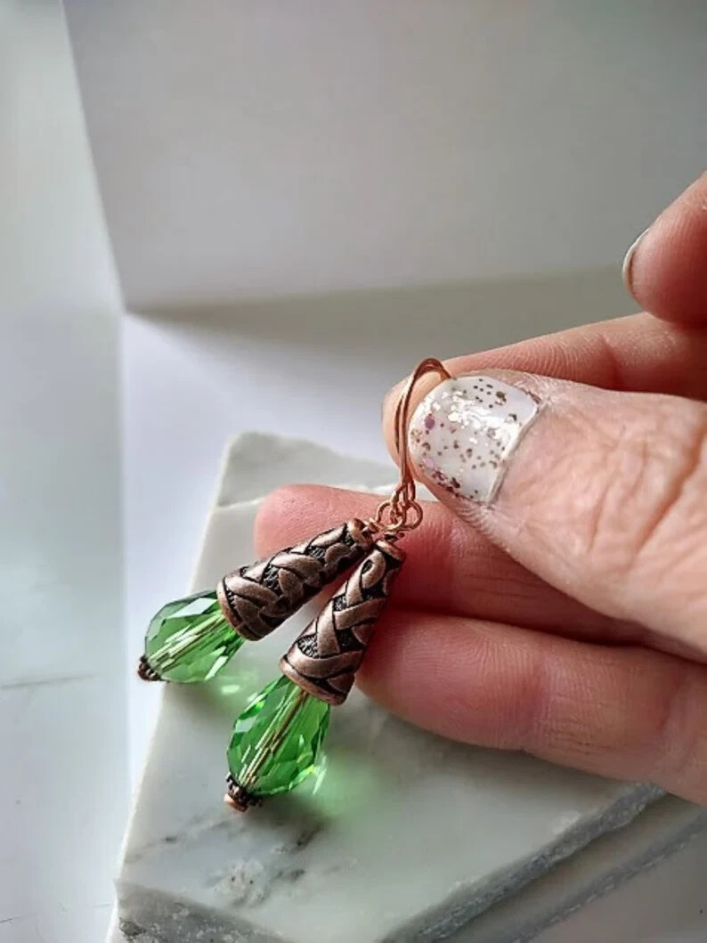 Lt. Green Teardrop Crystal Copper Dangle Earring, Drop Earrings, Antique Earring