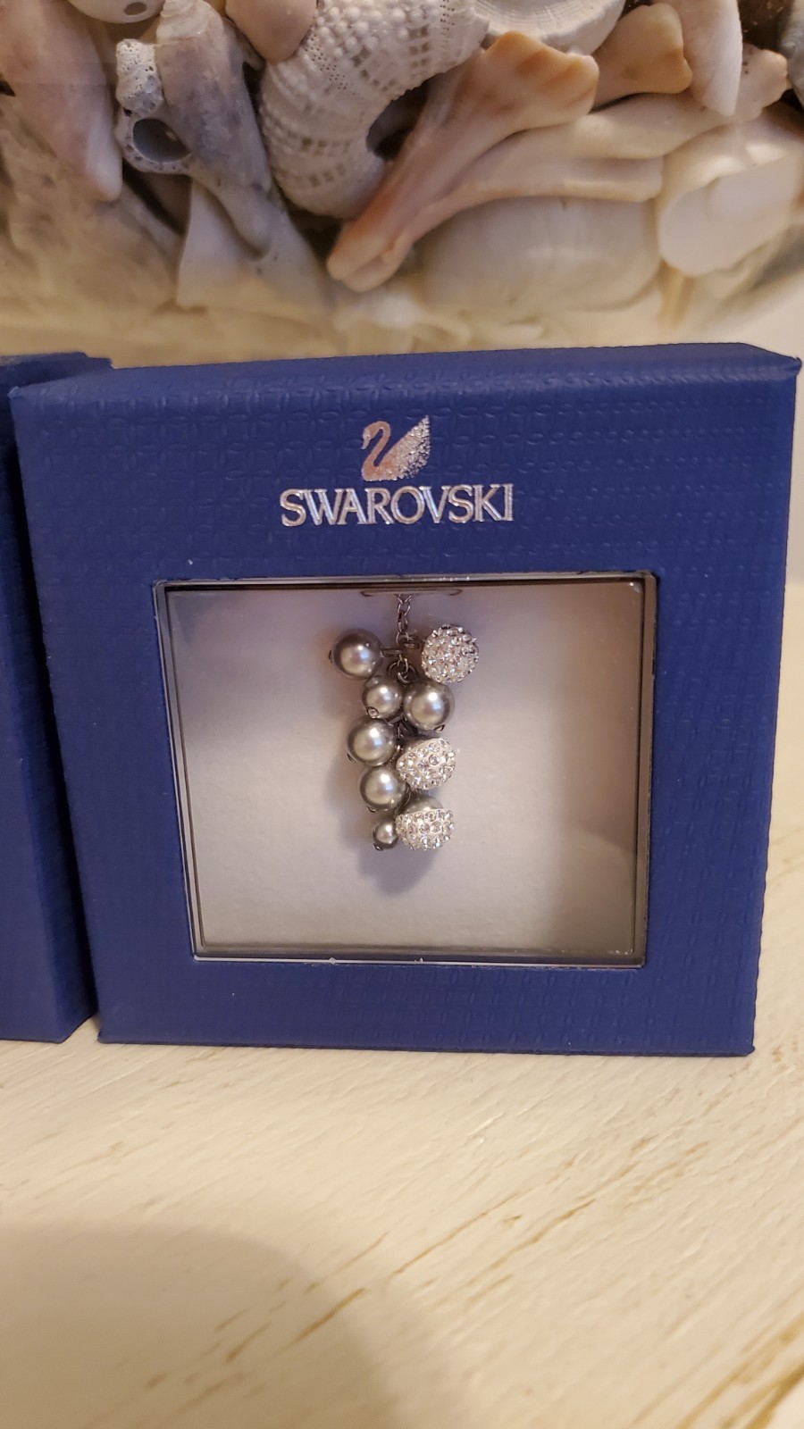 Authentic Swarovski Pave Crystal & Gray Pearl Cluster Pendant Necklace NIB $95