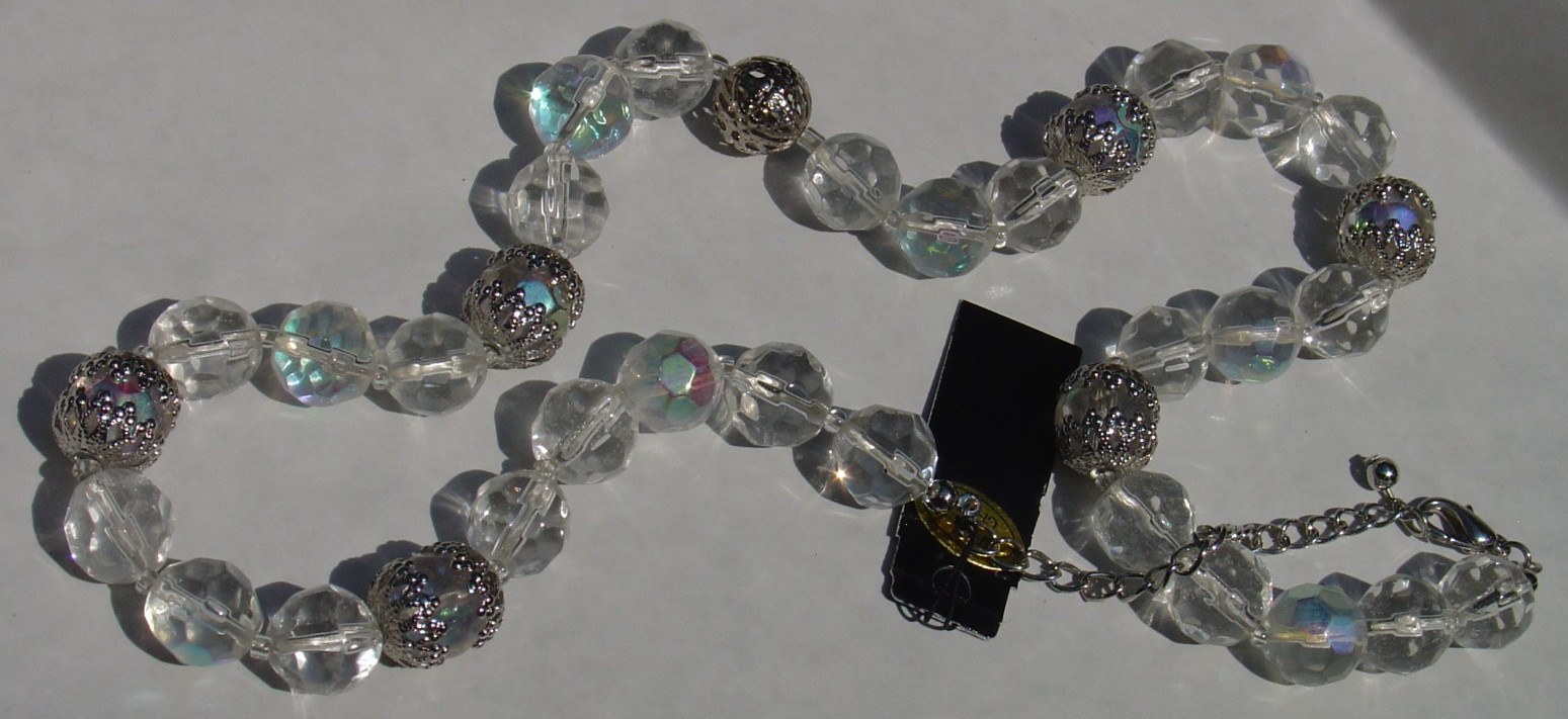 Birch Hill Large Faceted Clear Glass Bead Necklace Some AB Aurora Borealis