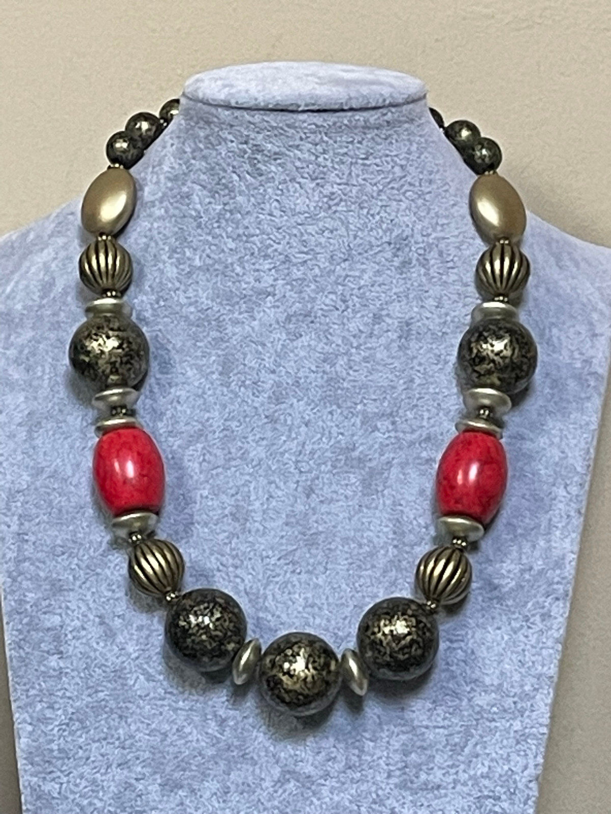 Red lucite bead brass bead burnish Antique look necklace