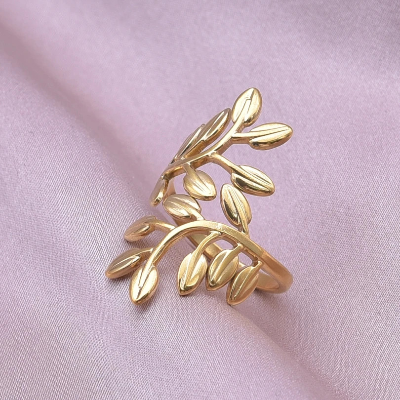 2PCS Stainless Steel Ring Leaf Water Droplet Adjustable Gold Plated Jewelry