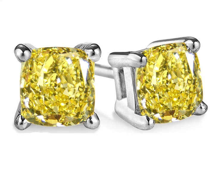 1.00 Ct Fancy Canary Yellow Cushion Diamond Studs Earrings Man Made 14k SE051015