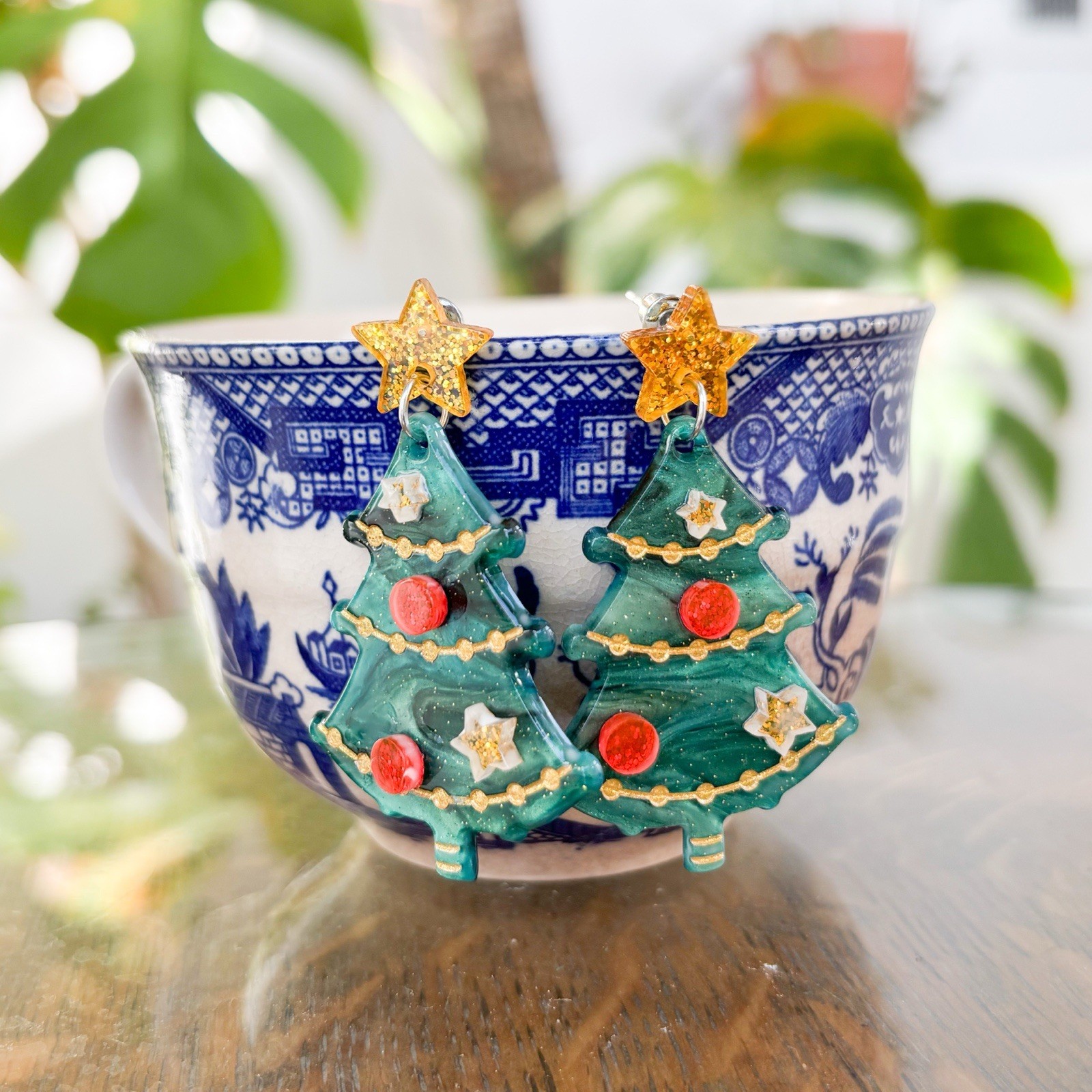 Green Nostalgic Christmas Tree Earrings Holiday Jewelry
