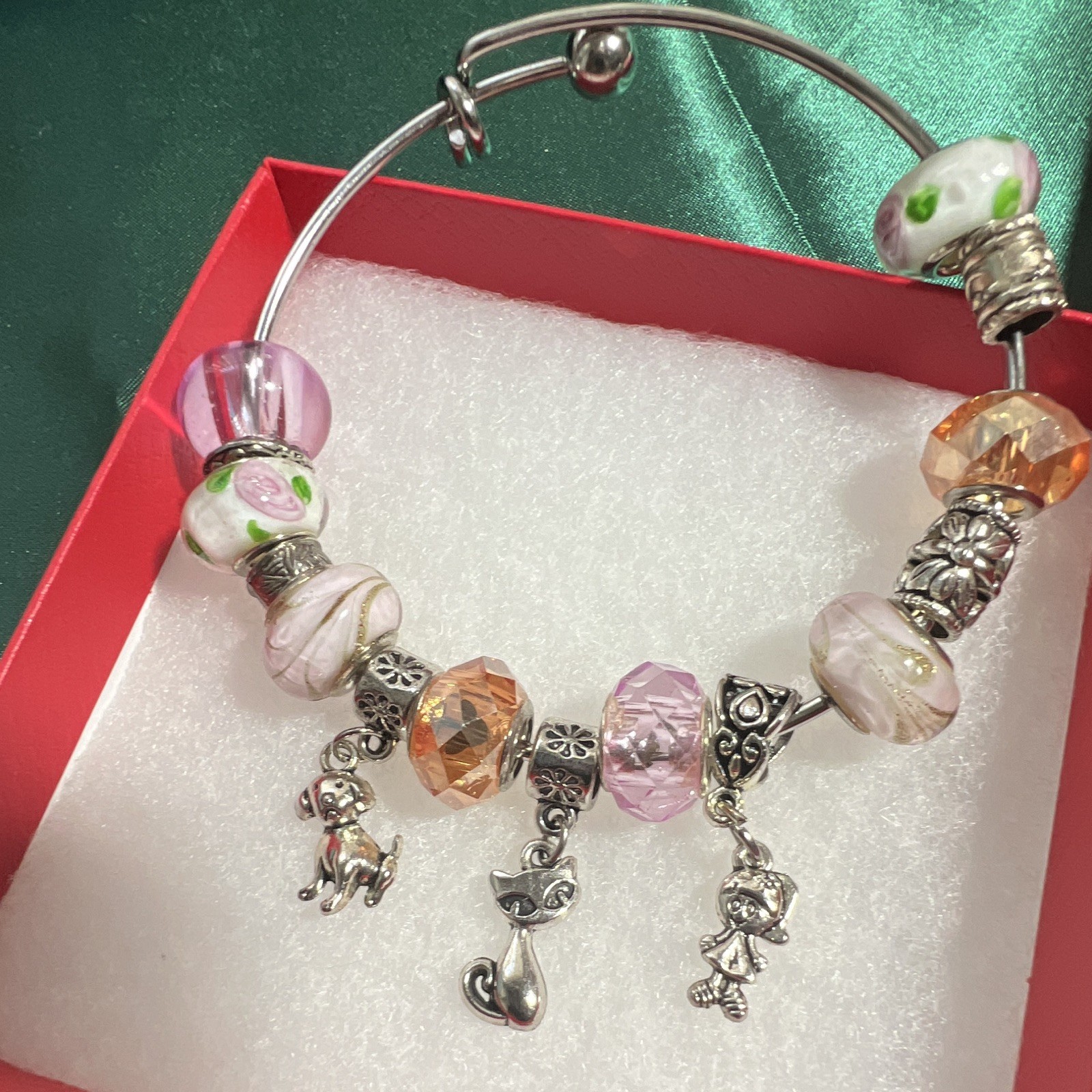 Bracelet 8 inch love cat dog child Sterling pink rose amber, bangle ball clasp.