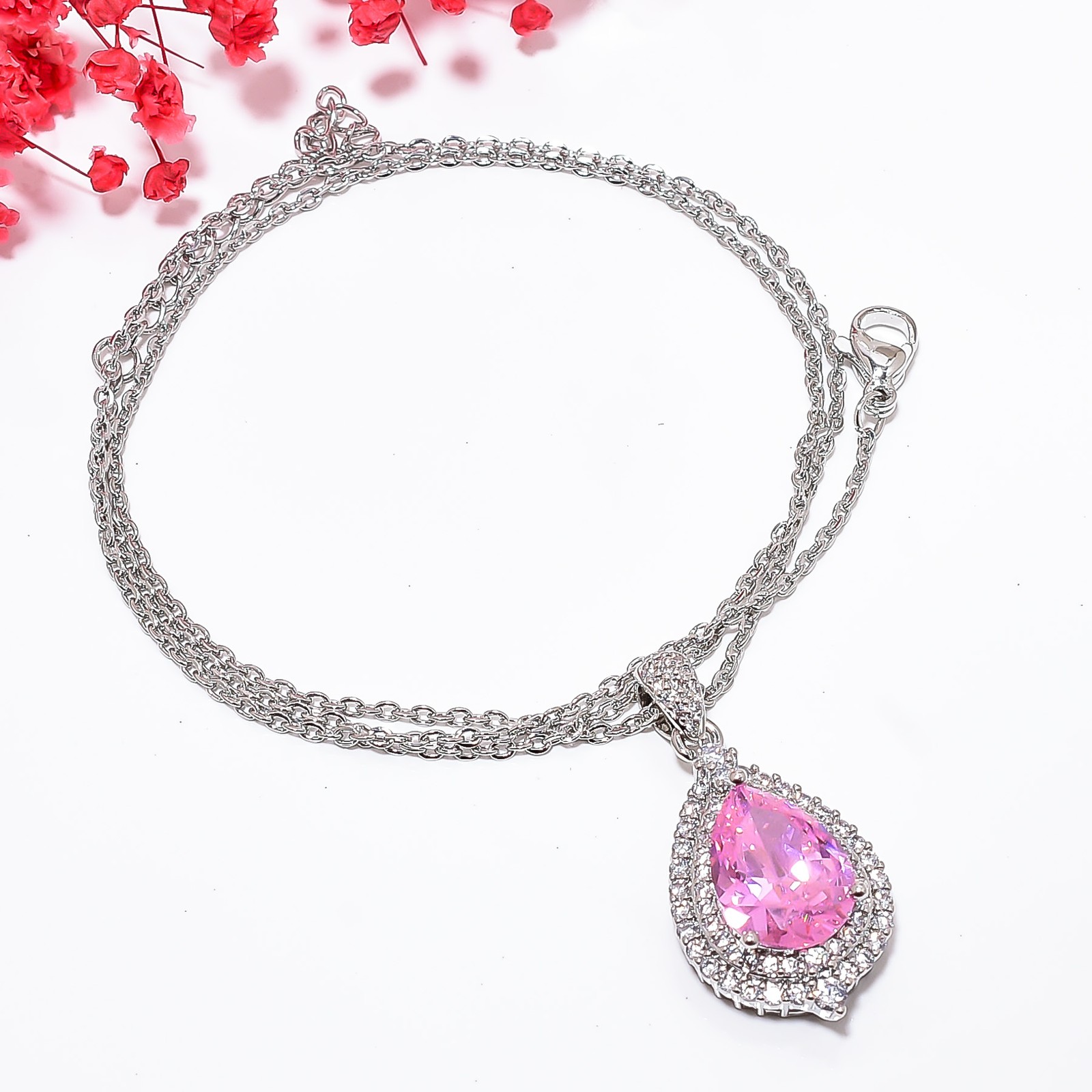 Pink Sapphire Simulated & Cz 925 Silver Pendant With Chain 18-20″ CP55430