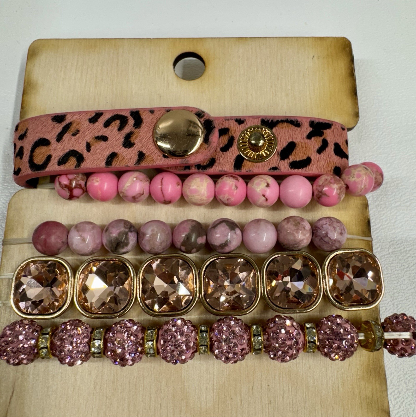 SANDRA LING UPCYCLED BRACELET STACK ACRYLIC AND GLASS LEATHER GOLD TONE PINK