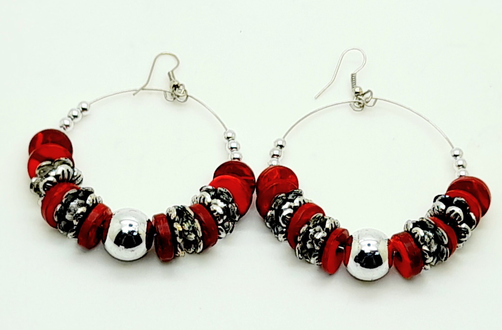 RED COCONUT WOOD & ANTIQUE ALLOY & SEED BEAD HOOP DANGLING FASHION EARRINGS