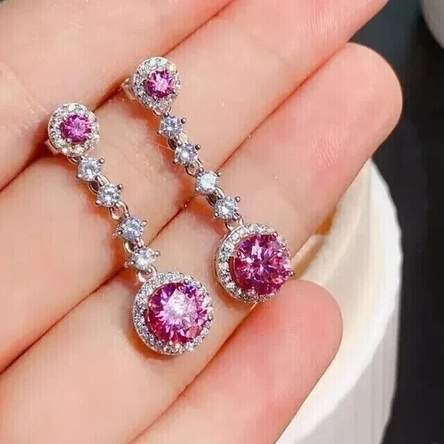 2CT Round Simulated Pink Sapphire Drop Dangle Earrings 14K White Gold Plated