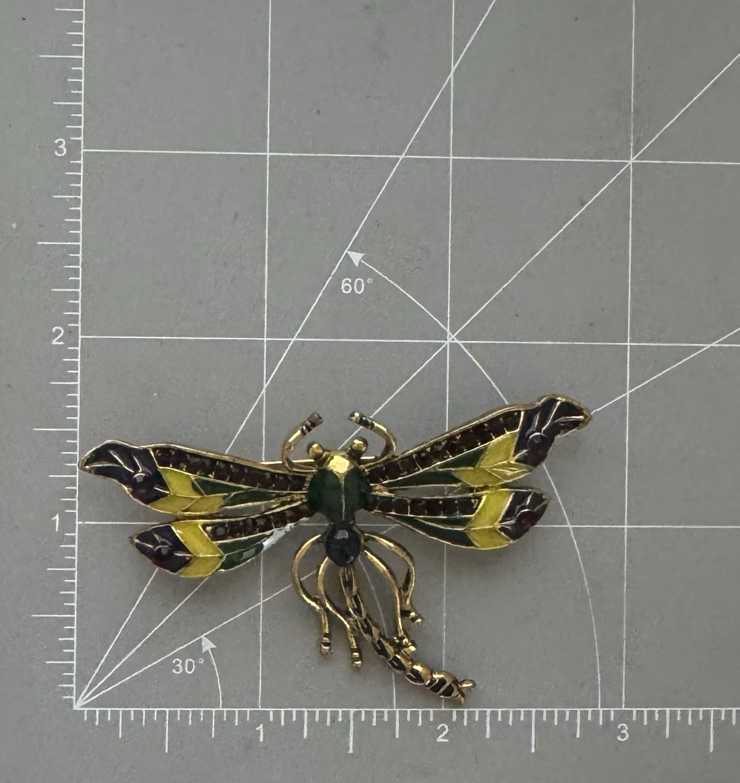 Dragonfly brooch pin / enamel on gold tone metal
