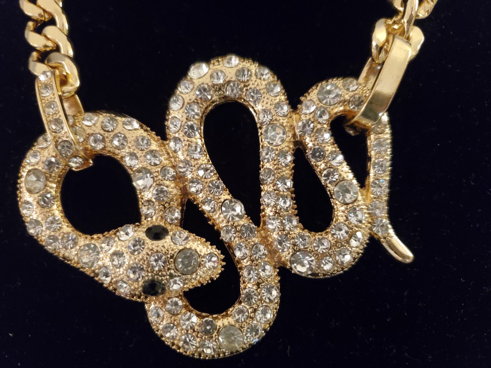 Huge Egyptian Revival Rhinestone Snake Necklace Gold Curb Chain Glossy