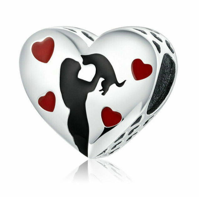 🐈 1 piece European charm girl woman holding Kitten or Cat on silver & red heart
