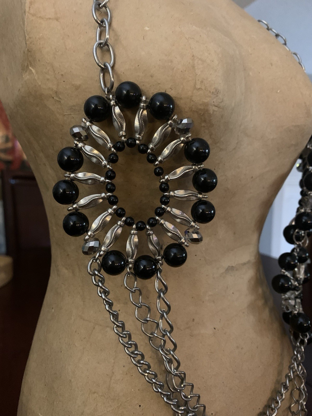 Silver Tone Cable Chain Statement Necklace w/ Black Beads, Crystal, Adjustable