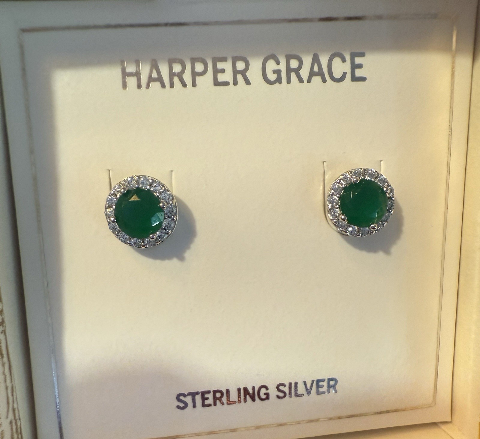 Harper Grace 925 Sterling Silver Round Green Emerald Halo CZ Stud Earrings