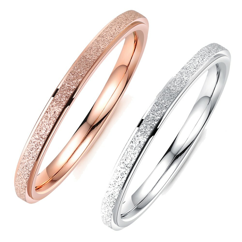 Stainless Steel 2mm Thin Sand Blasted Band Ring Size 4-8 Rose Gold Plated-Silver