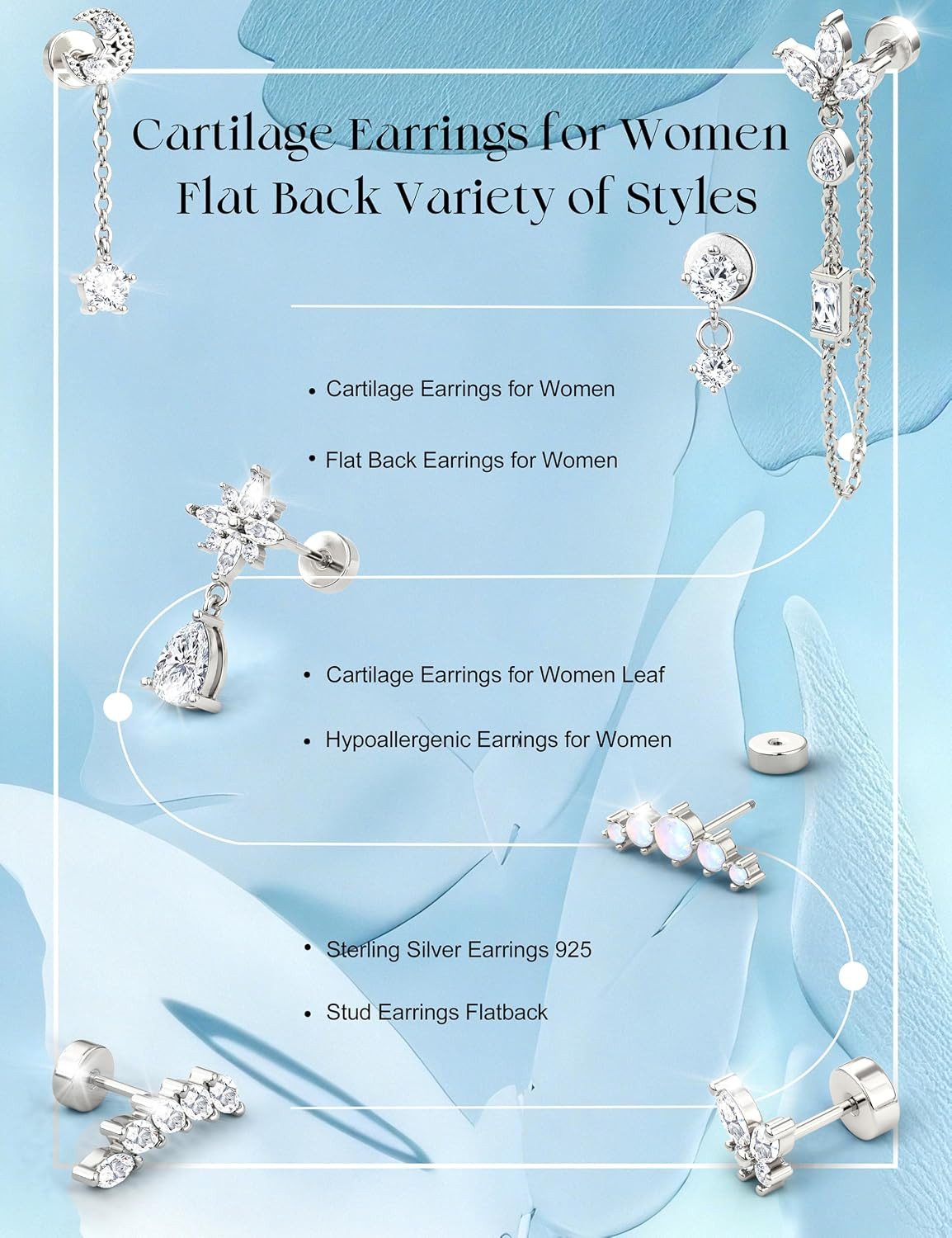 Hypoallergenic Cartilage Earrings for Women Flat Back-925 Sterling Silver Post S