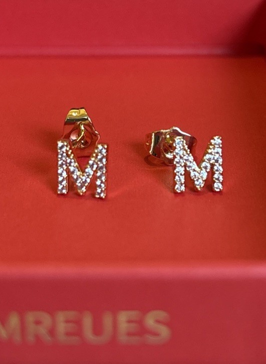 Mumreues Gold Letter M Stud Earrings With Clear Stones