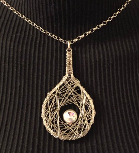 Unique Silver Wire Wrapped Tennis Racket with Crystal 4” Pendant