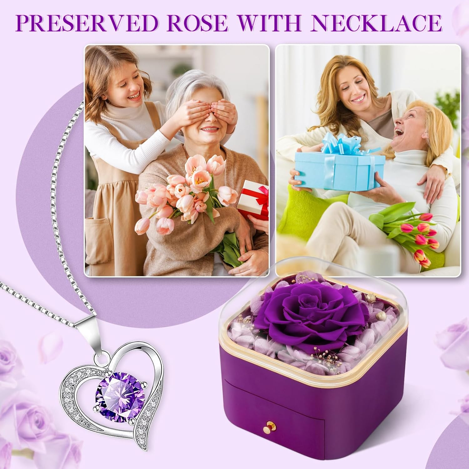 Birthday Gifts for Women Preserved Real Rose with Necklace Eternal Purple Roses