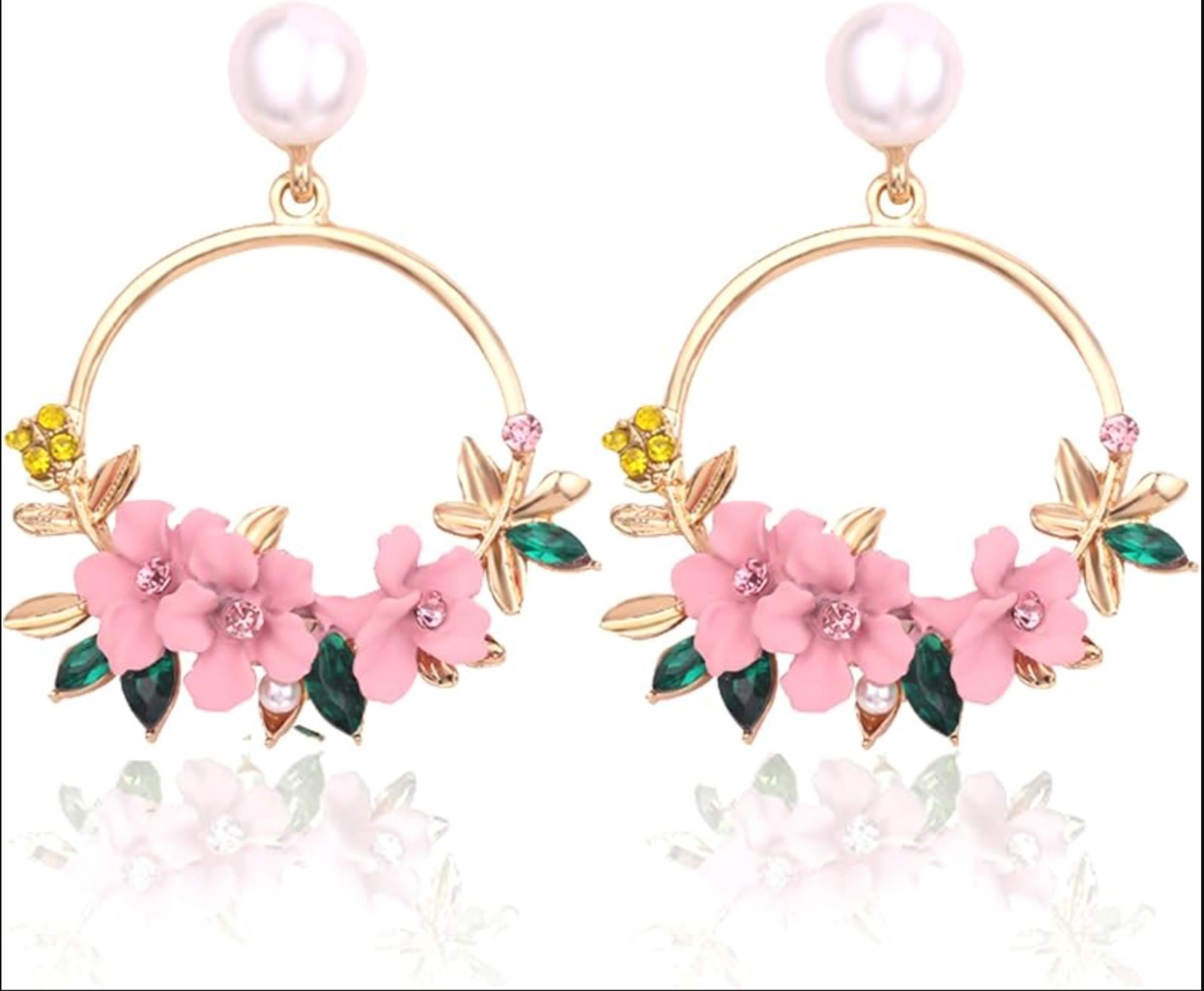 Women Pink Flower Hoop Earrings Pearl Stud Floral Dangle Earrings Gift Jewelry