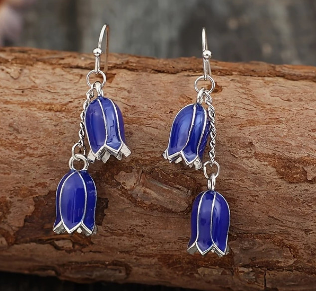 *IAJ* Bluebell Enamel SilverTone Double Drop Dangle Flowers Pierced Earrings