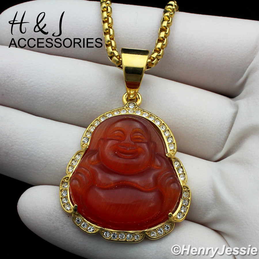 18-36″Stainless Steel 3mm Gold Plated Box Chain Carnelian Rhinestone Pendant*117