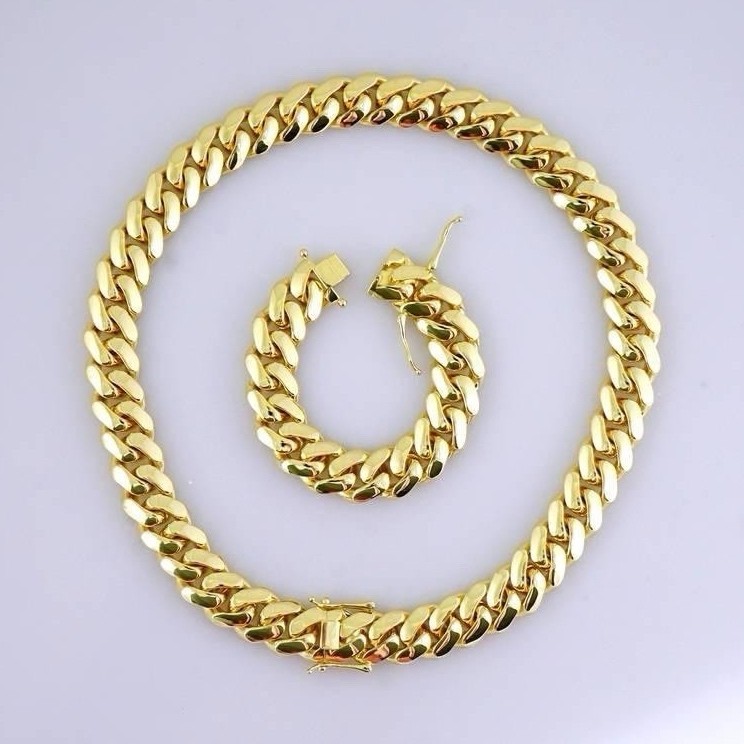 Gold Tone Metal Cuban Link Chain Necklace Box Clasp Nickel-Free Hip Hop