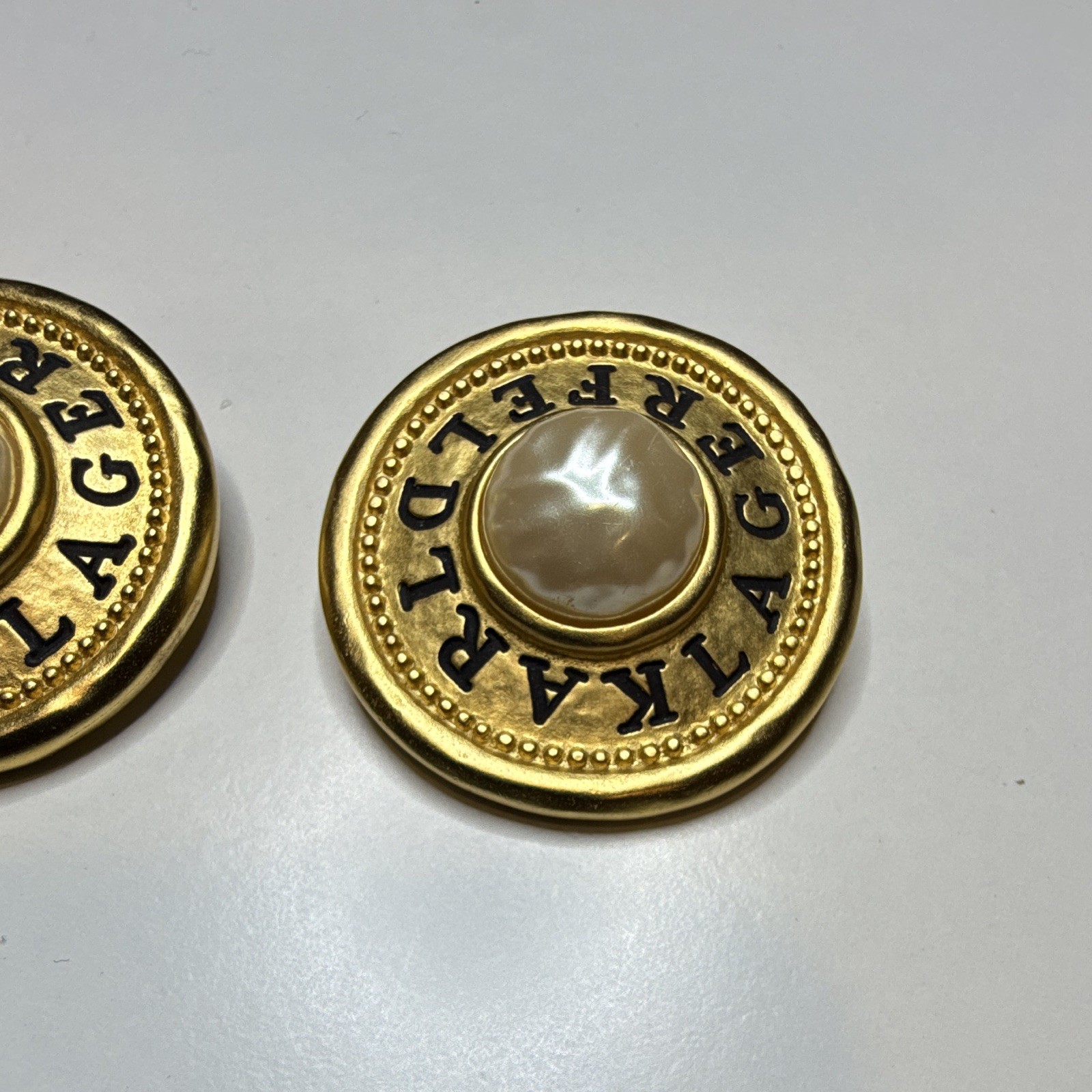 Karl Lagerfeld Vintage Signed Clip-On Massive Gold Disc Runaway Earrings Gold