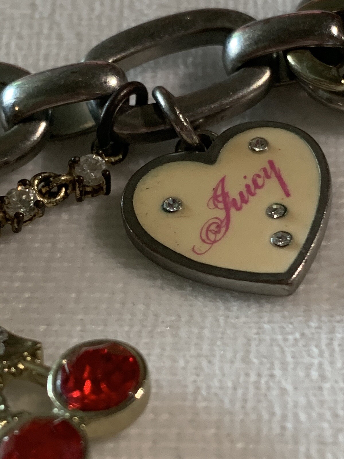 Vintage Y2K Juicy Couture Bracelet With Mixed Heart Dog Lock Charms Box Silver