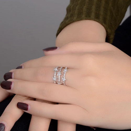 S925 Sterling Silver Or Rose Gold Multilayer Adjustable Ring Triple CZ Star Band