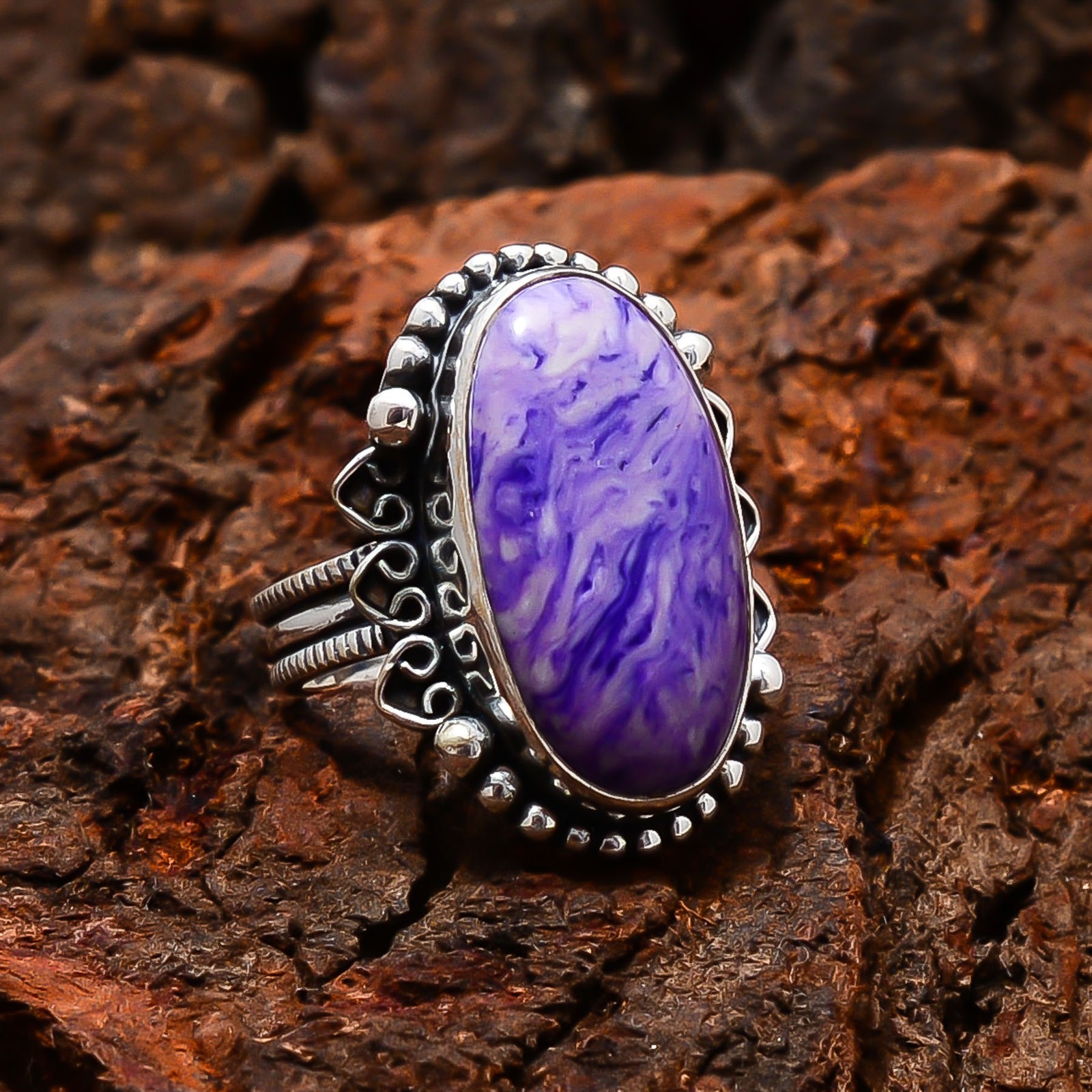 Purple Charoite Sterling Silver Bold Oval Statement Ring S.7.5 R124730