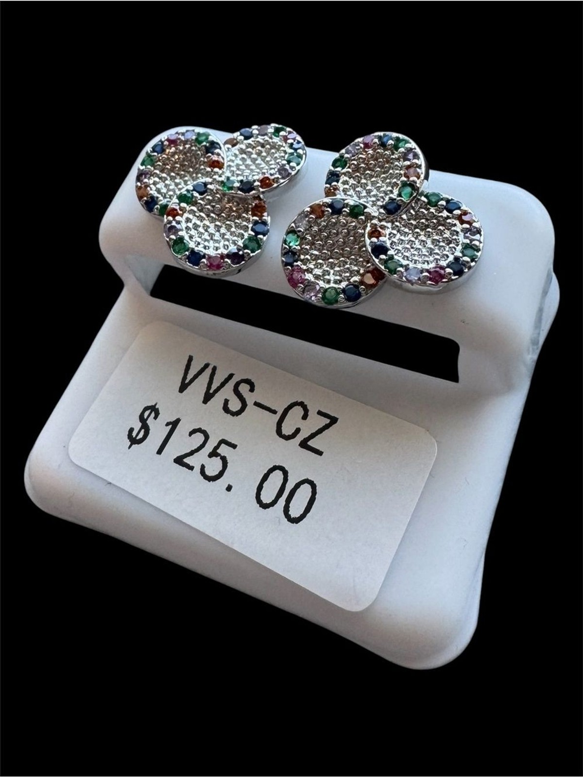 Multi Color VVS CZ Pavé Cluster Stud Earrings NWT Rainbow Stainless Steel