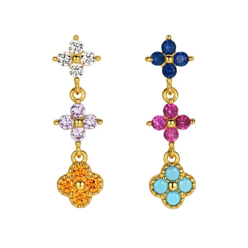 Clover Flower Multicolor Gem 925 Silver CZ Drop Dangle Stud Earrings Gift