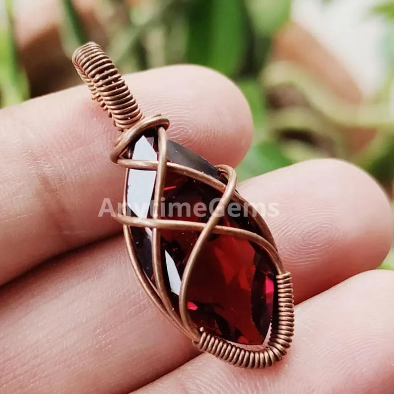 Handmade Copper Wire Wrapped Red Garnet Glass Stone Pendant Necklace For Gift