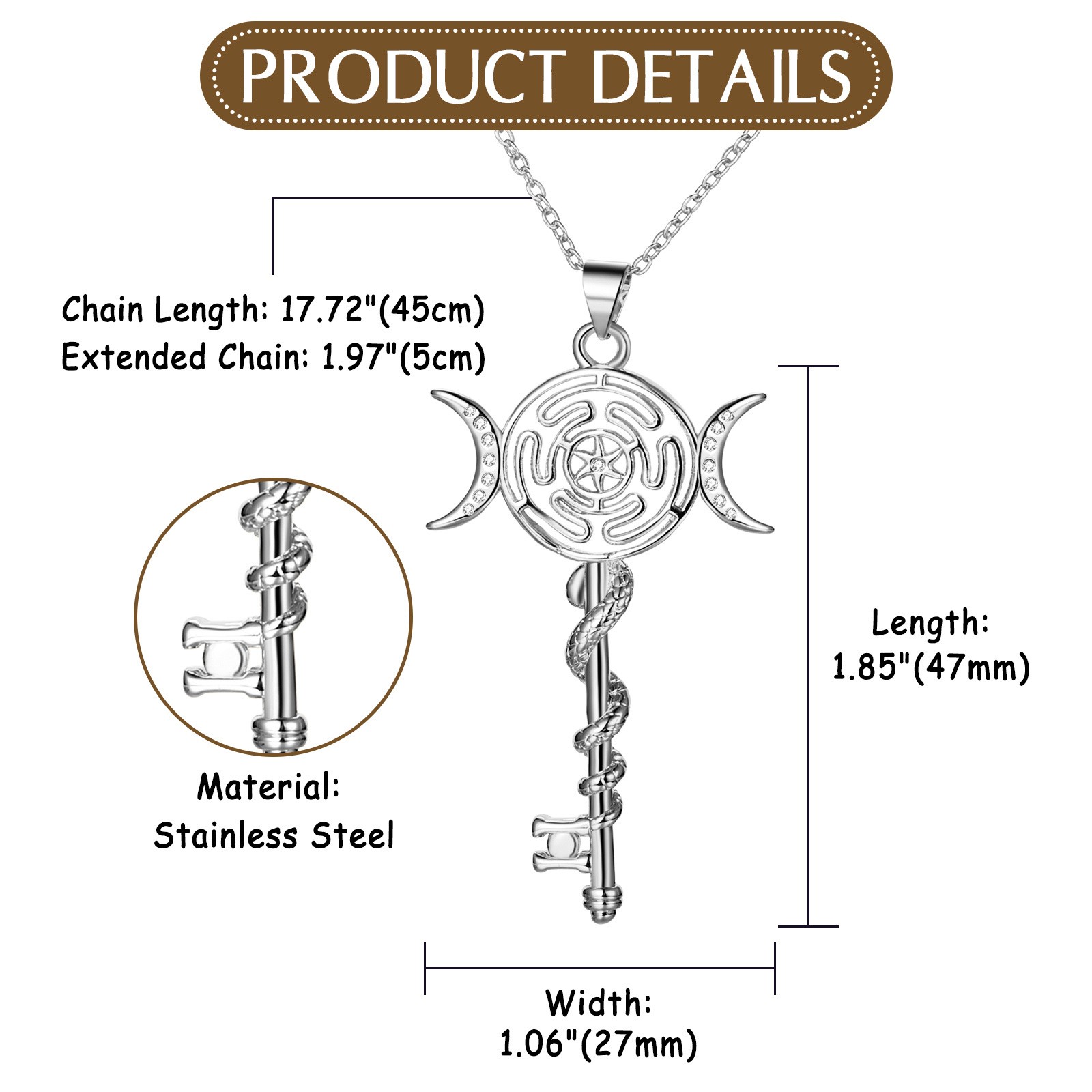 Hecate Triple Goddess Moon Key Pendant Necklace for Women Mythology Jewelry Gift