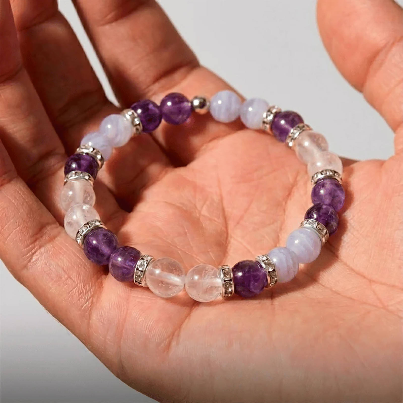 Natural Moonstone Amethyst Beaded Bracelet Midlife Comfort Peace Gift Women 8mm