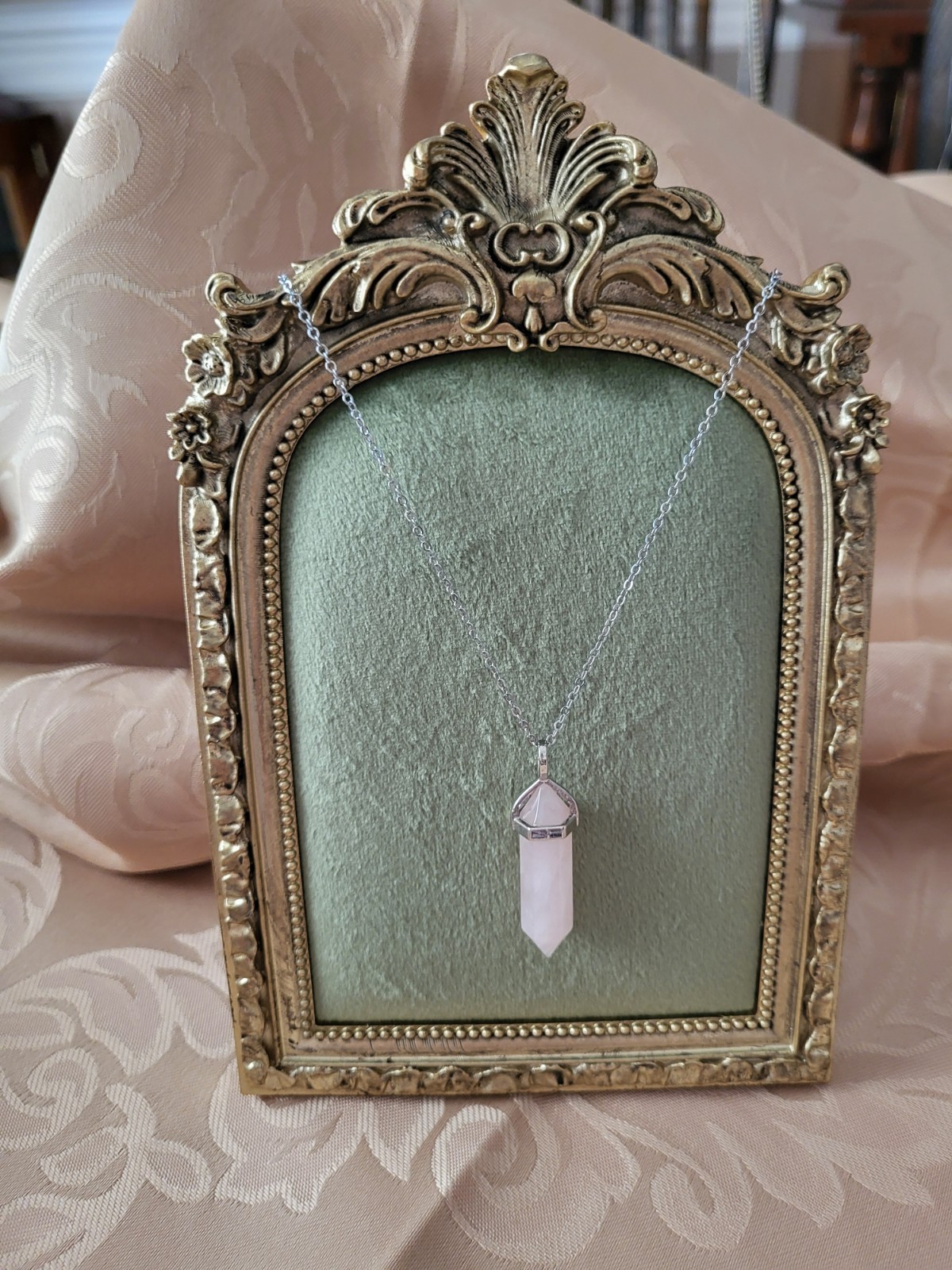Rose Quartz Crystal Pendant With Silvertone Chain