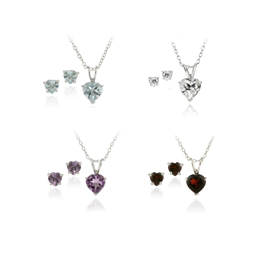 925 Silver Gemstone Heart Pendant & Earrings Set – 4 Colors