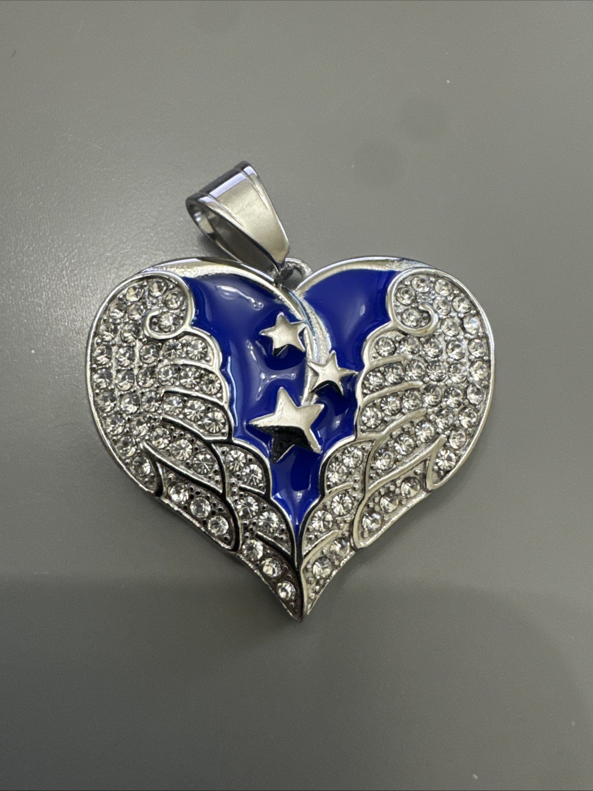 Heart Shaped Angel Wings Pendant Silver Tone Stainless Steel Gift 24” Necklace