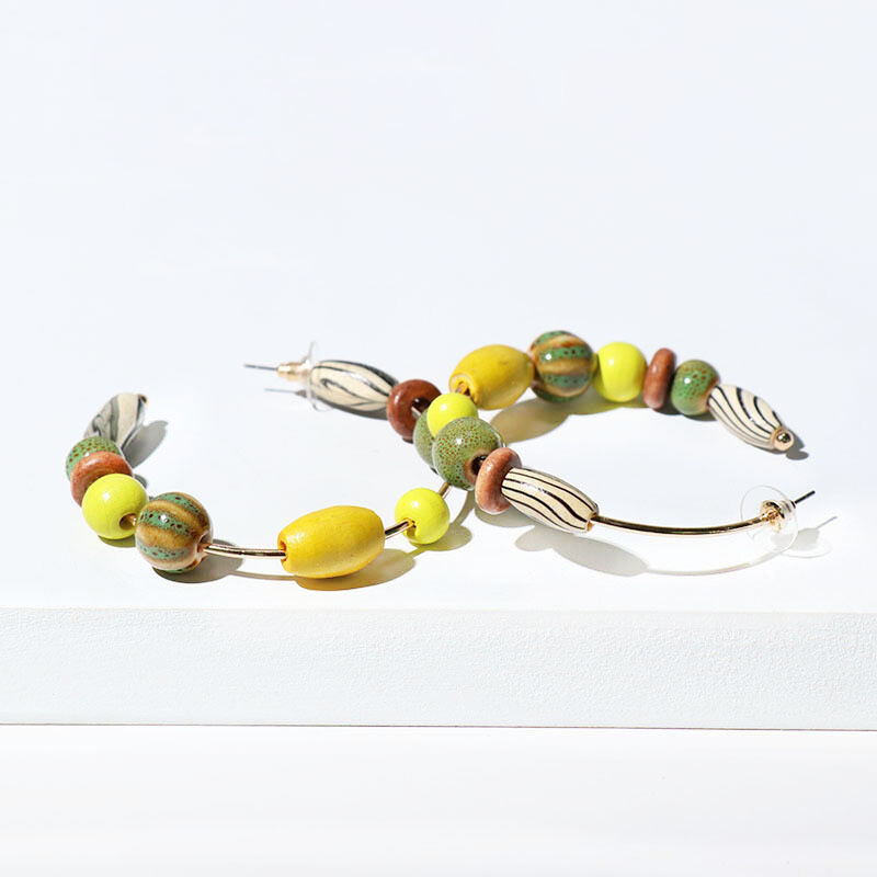 Wooden Beaded Hoop Earrings, 4 Colors, Your Choice Yellow, Blue, Black or Brown