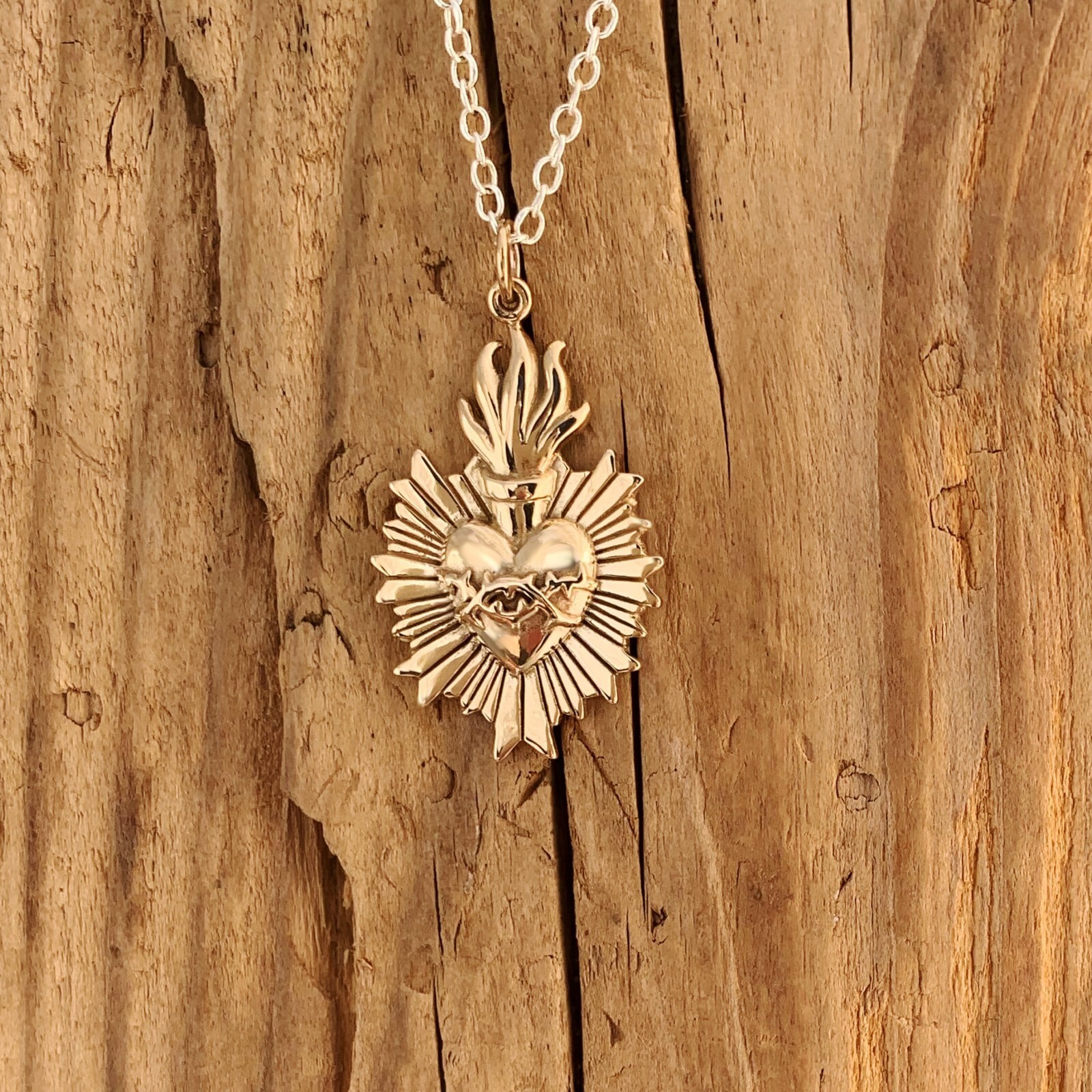 Bronze Flaming Sacred Heart Pendant Necklace Mixed Metals Thorns Sterling Silver