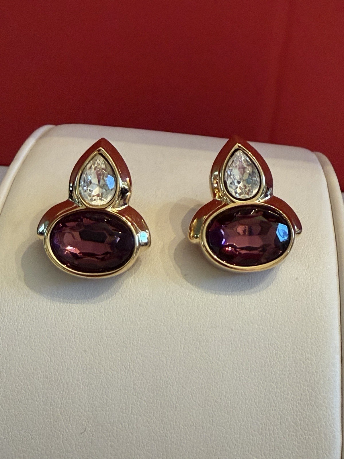 Monet Gold Tone Purple/ Clear Glass Teardrop Post Crystal Earrings BinR