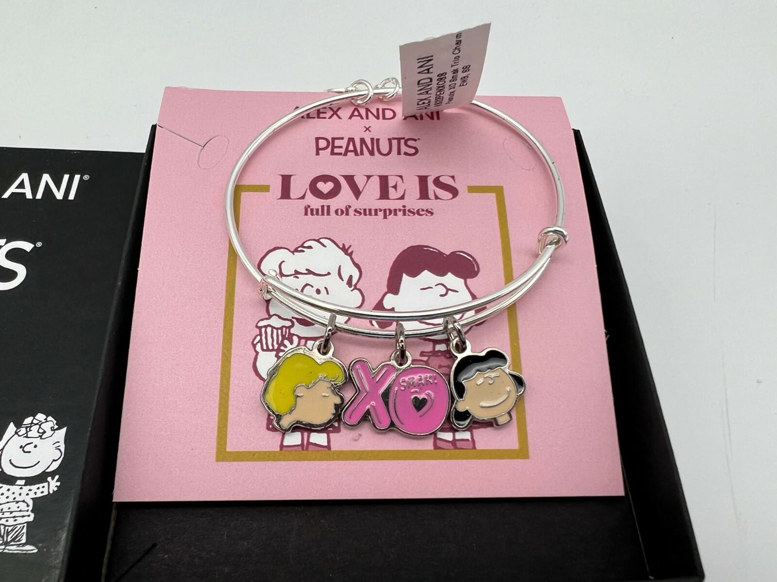 NEW Alex and Ani PEANUTS XO Smak Trio Charm Bangle Bracelet Shiny Silver