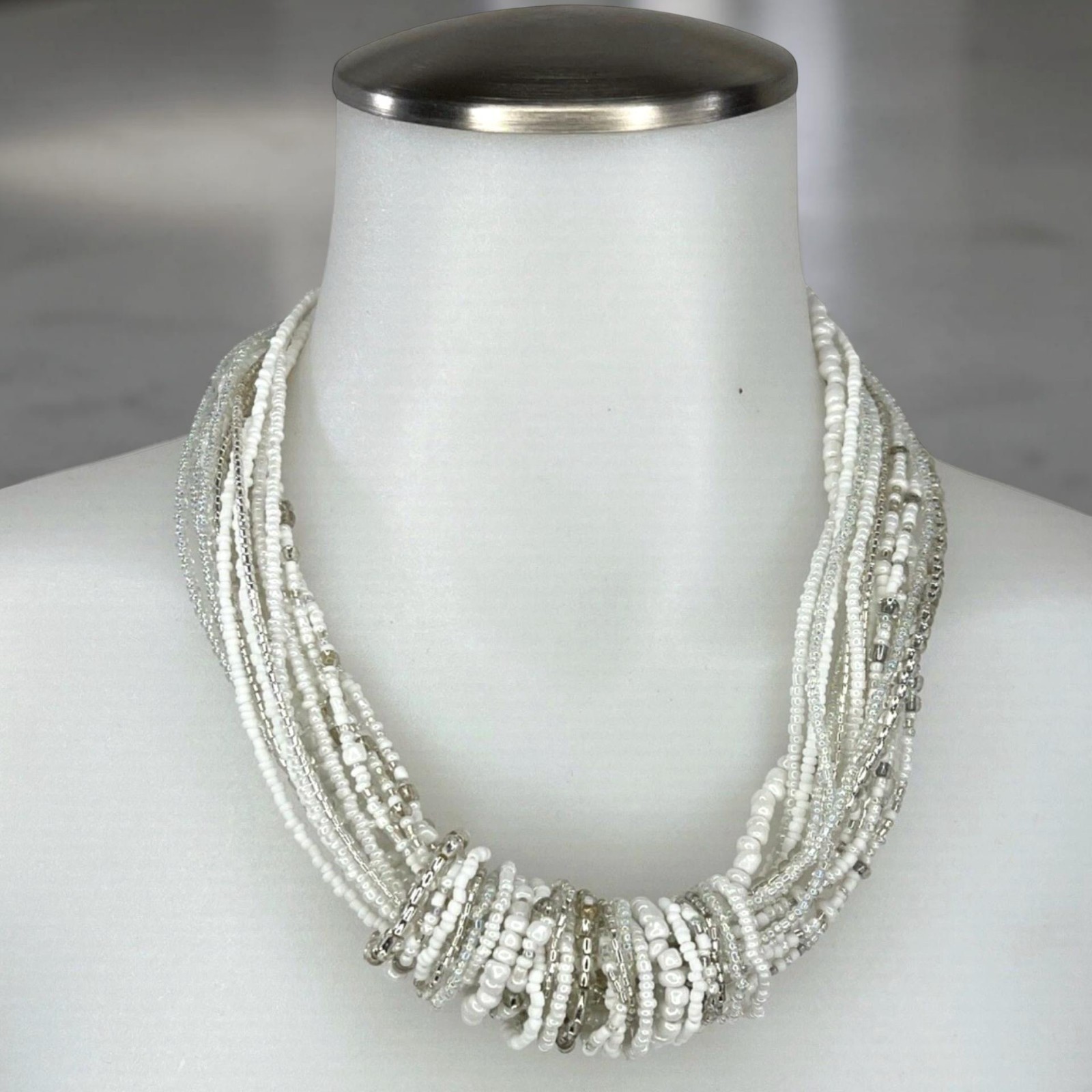 Bocar White Silver Chunky Beaded Necklace Statement Jewelry Multi Strand 21 inch