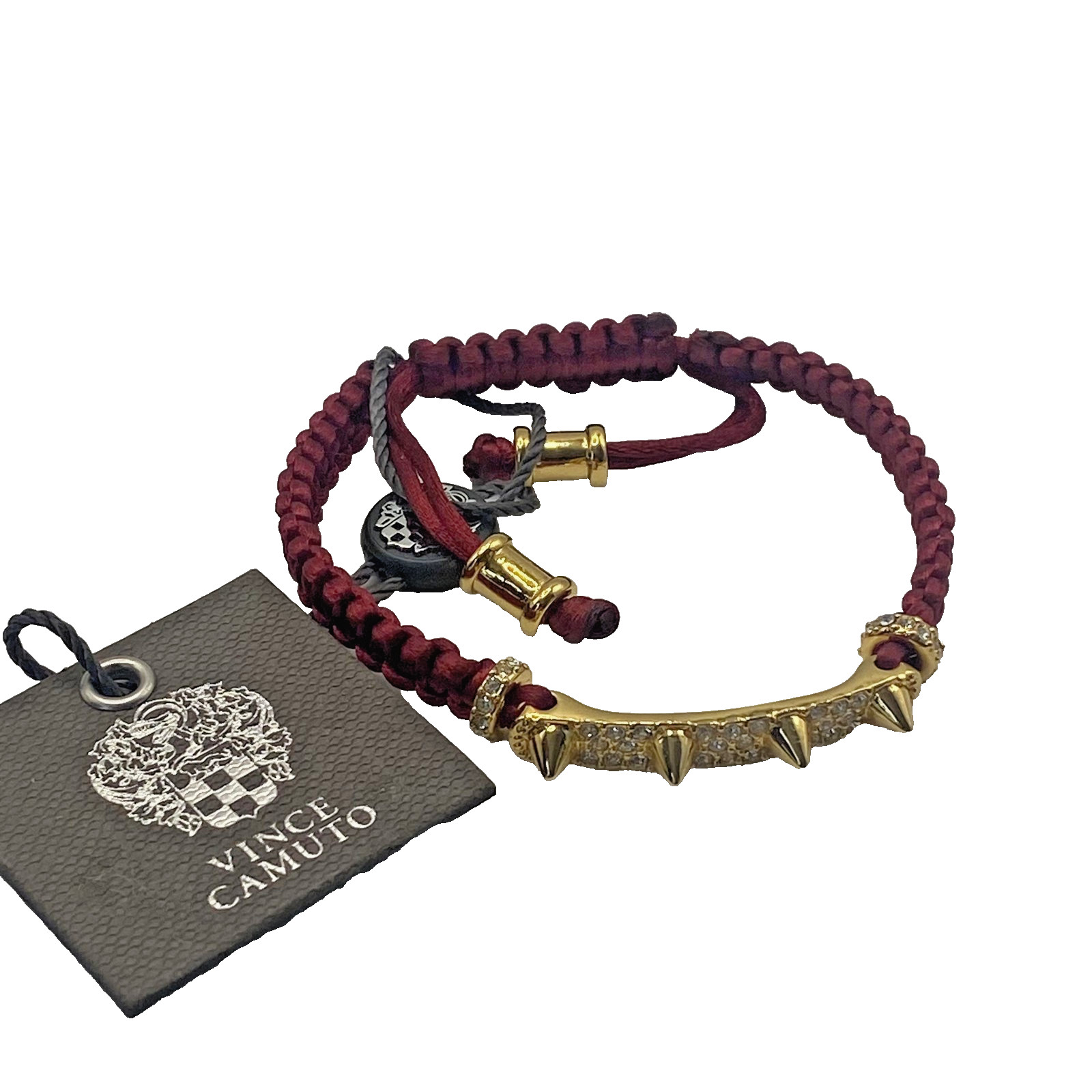 Vince Camuto Red Cord Beaded Spike Bracelet Adjustable Slide Crystal Gold Tone