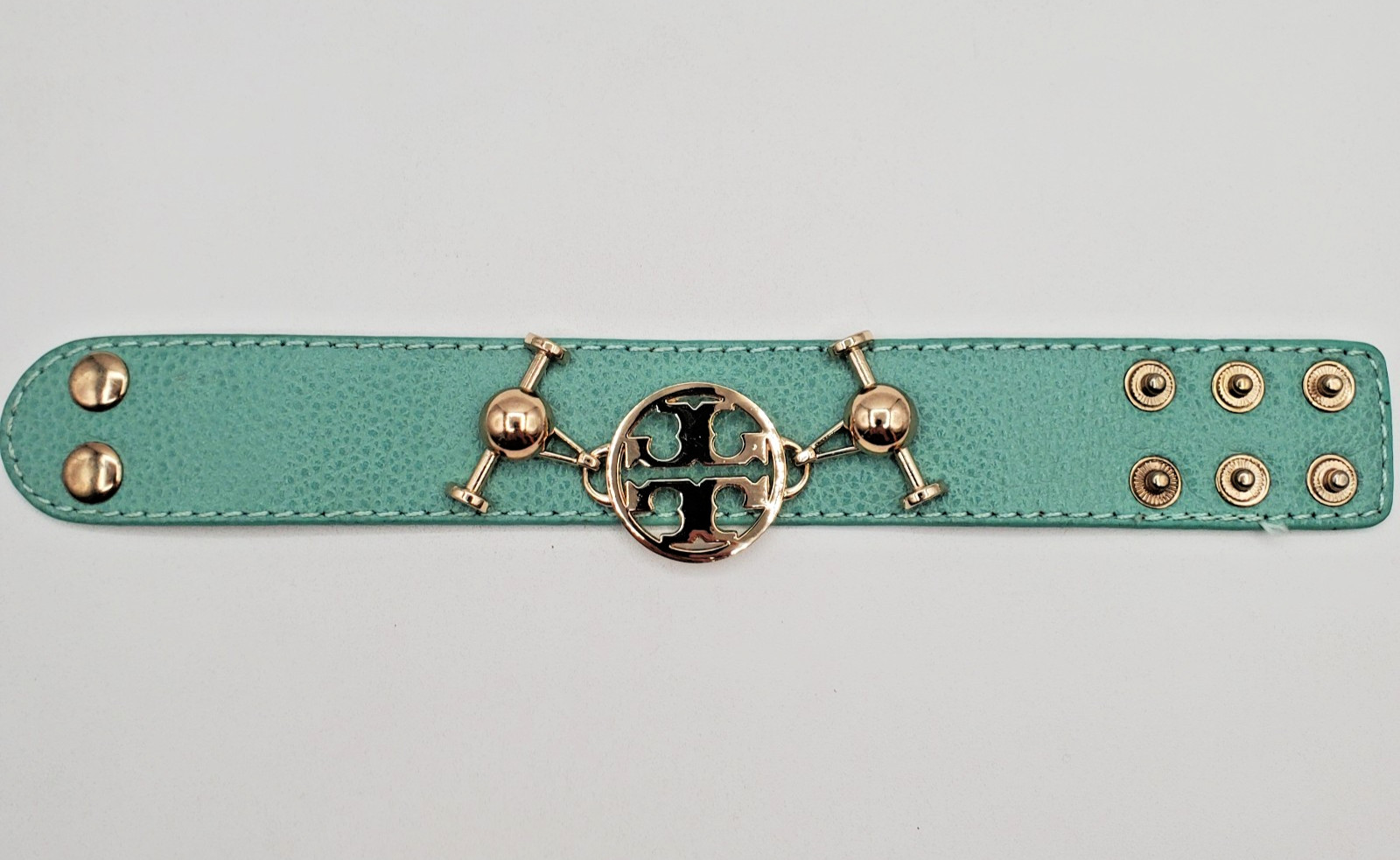 TT Monogram Wrap Bracelet 1in Wide Mint Green Pebble Leather Gold Tone Hardware