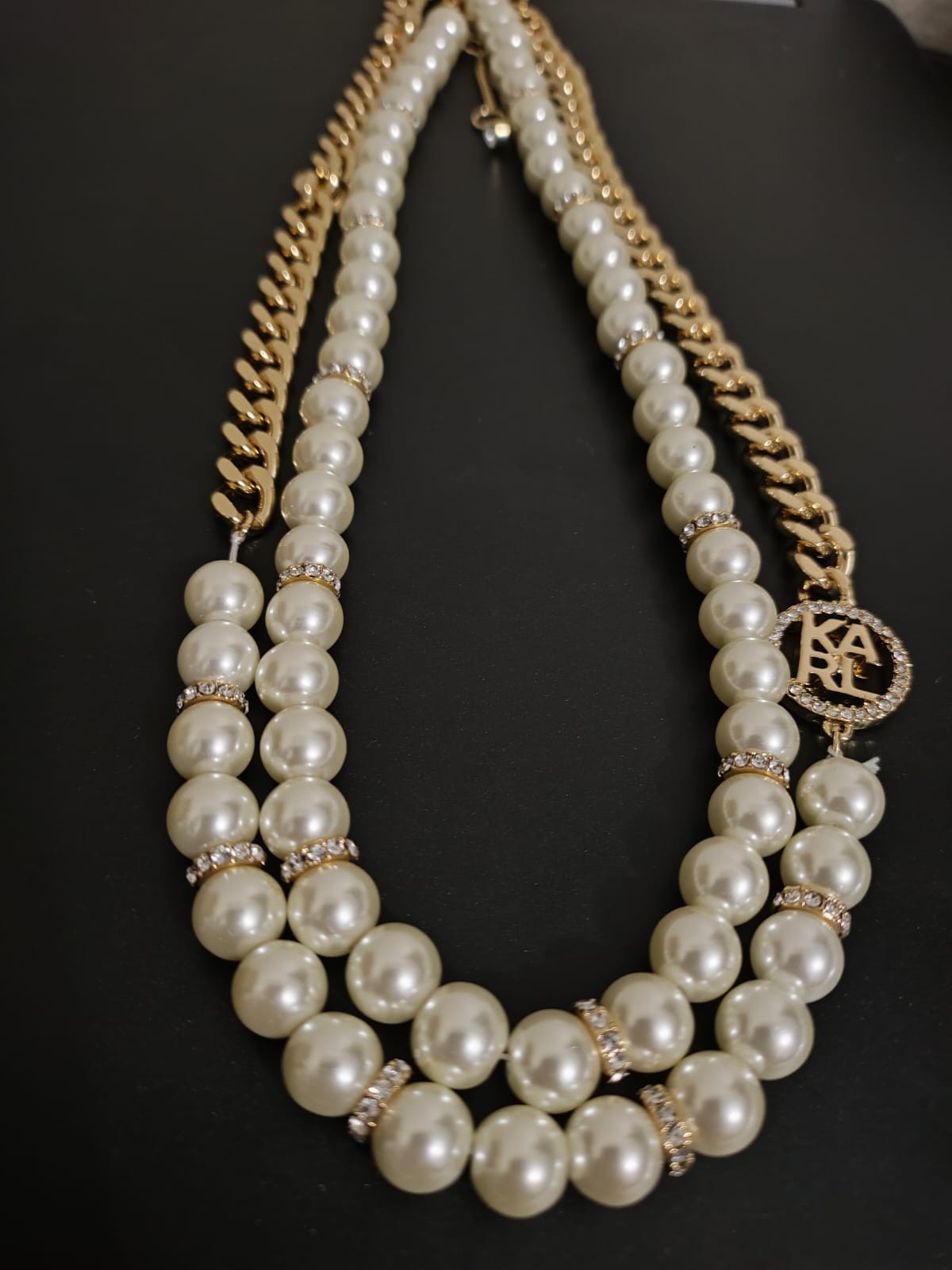 KARL LAGERFELD PARIS Gold-Tone Double Row Pearl Omega Necklace 16″+3″
