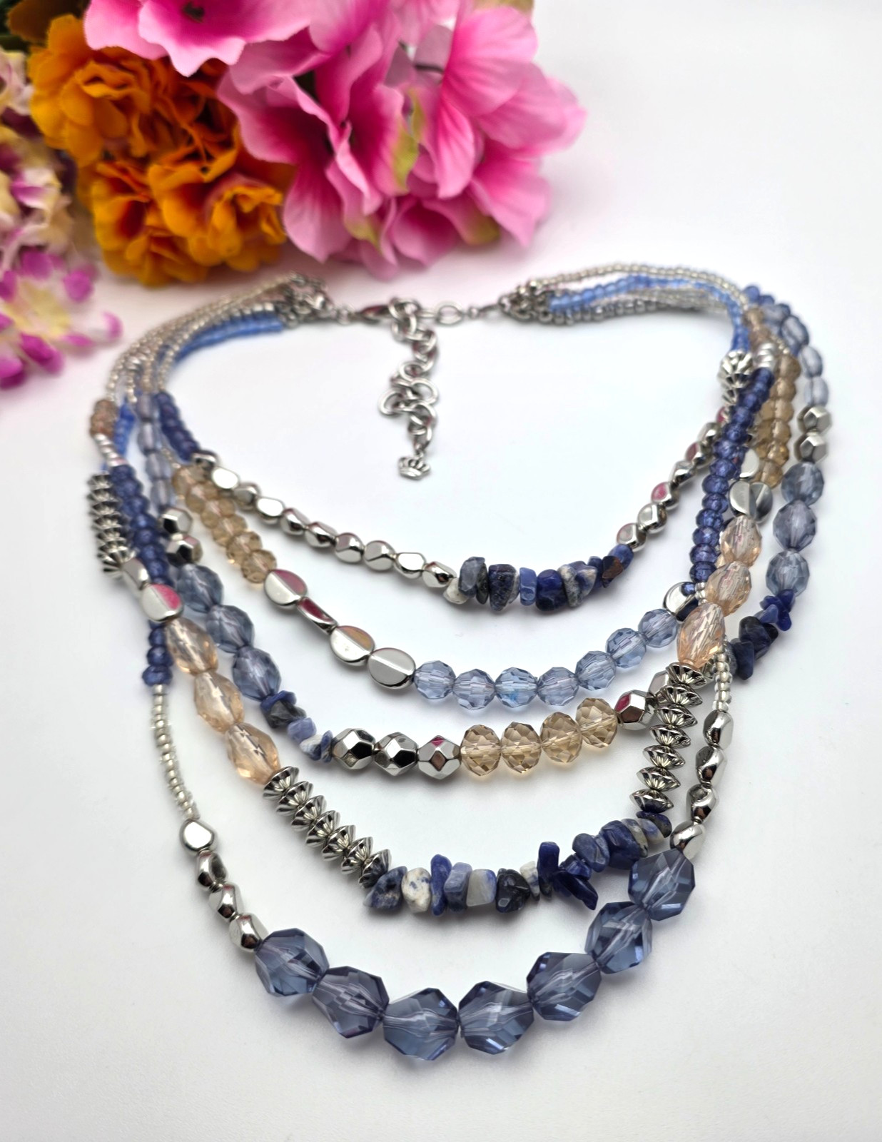 Premier Designs Waterfall Necklace Blue Silver Tone Multi Strand 19″ Adj