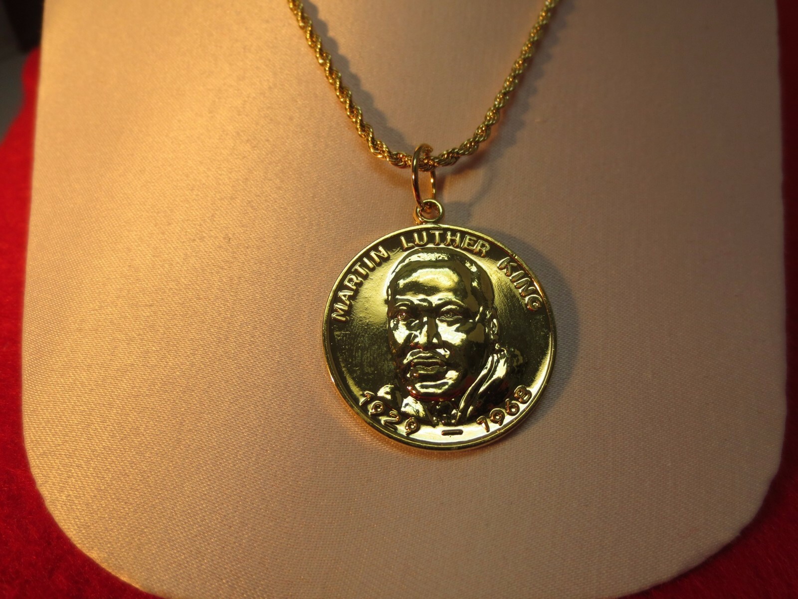 14 KT GOLD EP TWO SIDED MARTIN LUTHER KING CHARM W/ 16 “-30” 2.5MM ROPE -1615